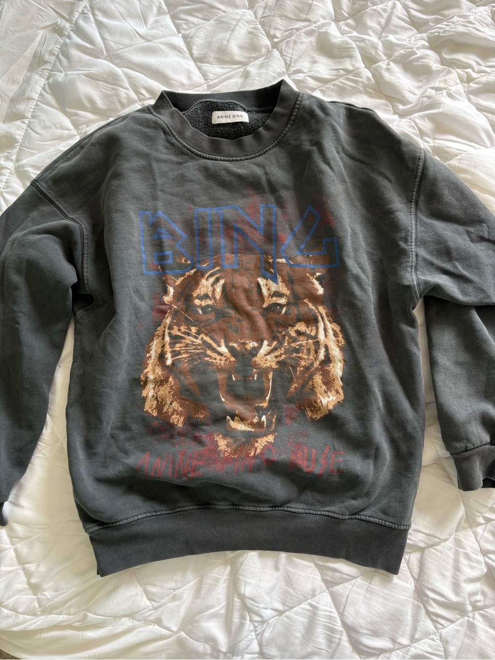 Anine Bing Charcoal Crewneck Sweatshirt with Tiger Graphic